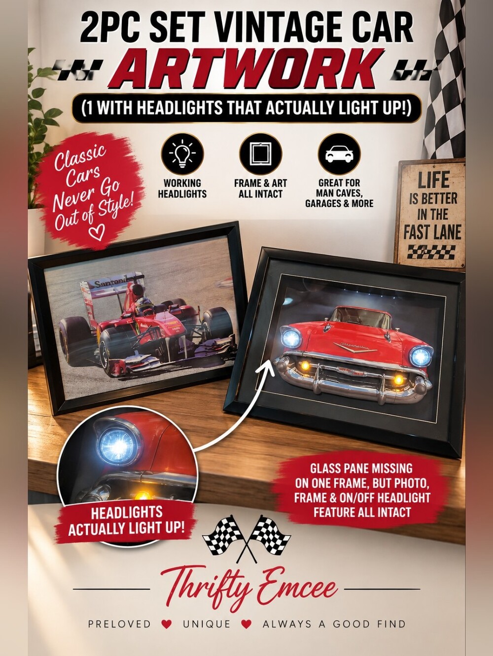 2PC SET VINTAGE CAR ARTWORK WALL DECOR (1 W/ HEADLIGHTS THAT ACTUALLY LIGHT UP!)